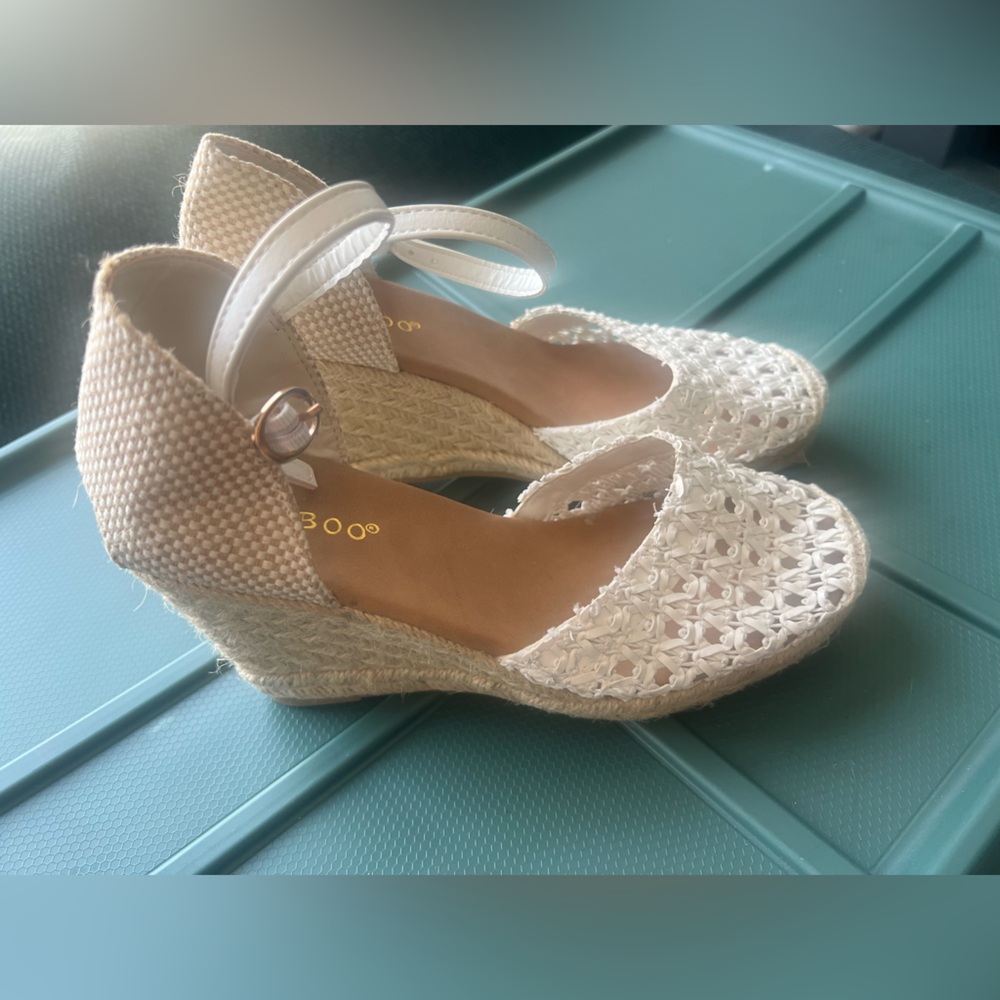 BAMBOO White and Tan Espadrille Wedges